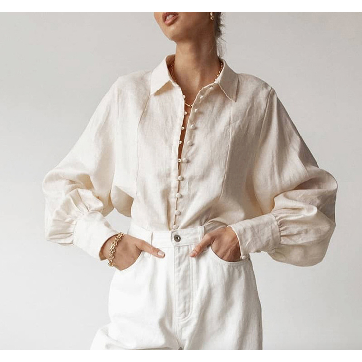 Solution Online Shops – Linnen dames blouse met knoopsluiting – beige 2