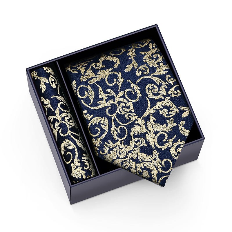 Solution Online Shops – stropdas in geschenkdoos – Donkerblauw met gouden bloemenmotief