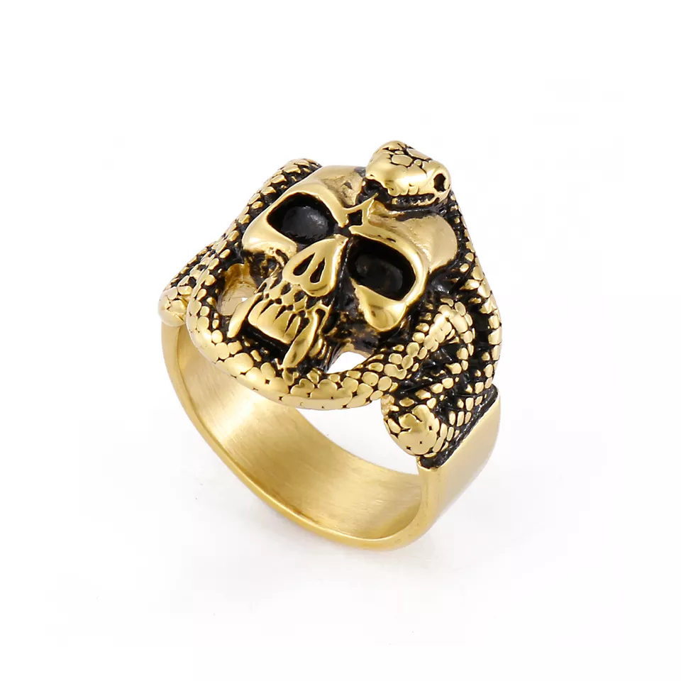 goudkleurige skull ring met slang