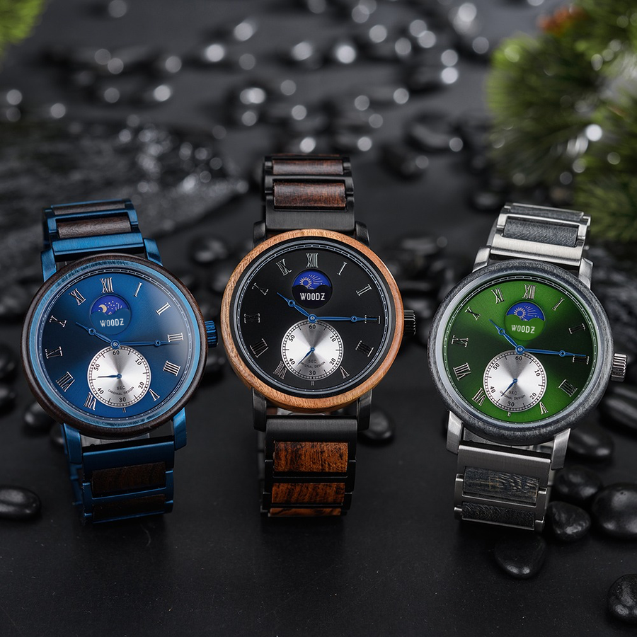 Houten horloge | Woodzstyle® | houten kast | RVS | blauw | zwart
