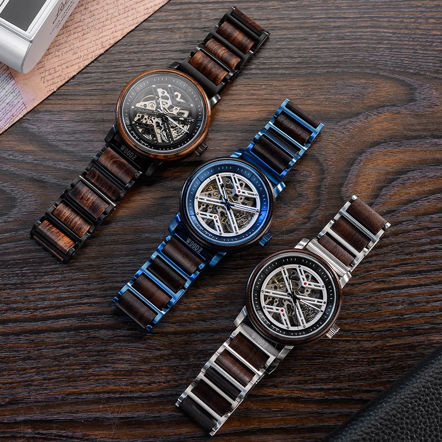 Automatische Houten horloge | mechanisch | zwart | rvs | Woodzstyle®